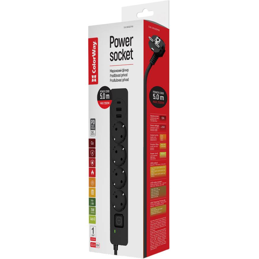 Сетевой фильтр COLORWAY 4 розетки + 3xUSB 5м 10A 3x0.75мм2 Black (CW-CHE435PDB) Тип розеток евророзетка с заземлением (Тип F)