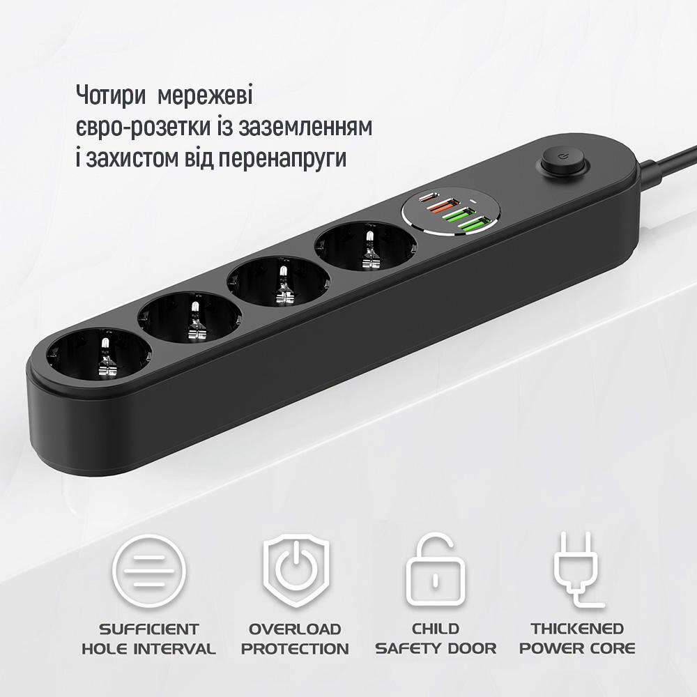Внешний вид Сетевой фильтр COLORWAY 4 розетки + 4xUSB 2м 10A Black (CW-CHE44PDB)