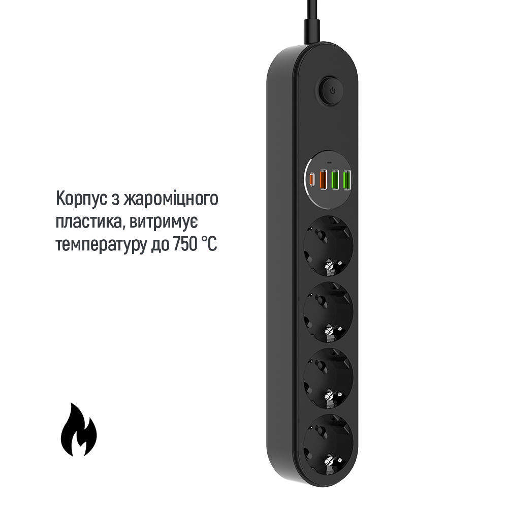 Сетевой фильтр COLORWAY 4 розетки + 4xUSB 2м 10A Black (CW-CHE44PDB) Тип вилки евровилка с заземлением (Тип F) 