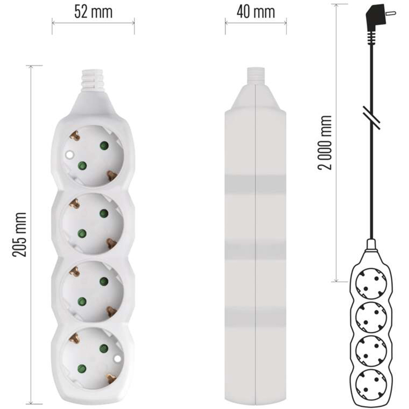 Удлинитель EMOS 4 розетки 2м 16A 3x1мм2 White (P0422) Тип вилки евровилка с заземлением (Тип F) 
