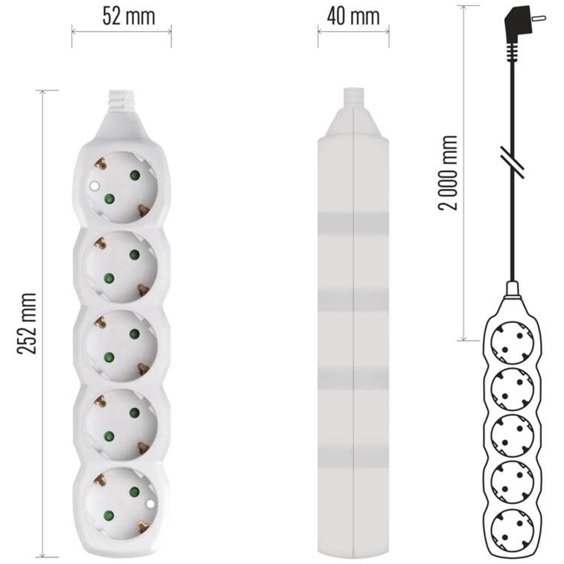 Подовжувач EMOS 5 розеток 2м 16A 3x1мм2 White (P0522) Тип розеток євророзетка із заземленням (Тип F)