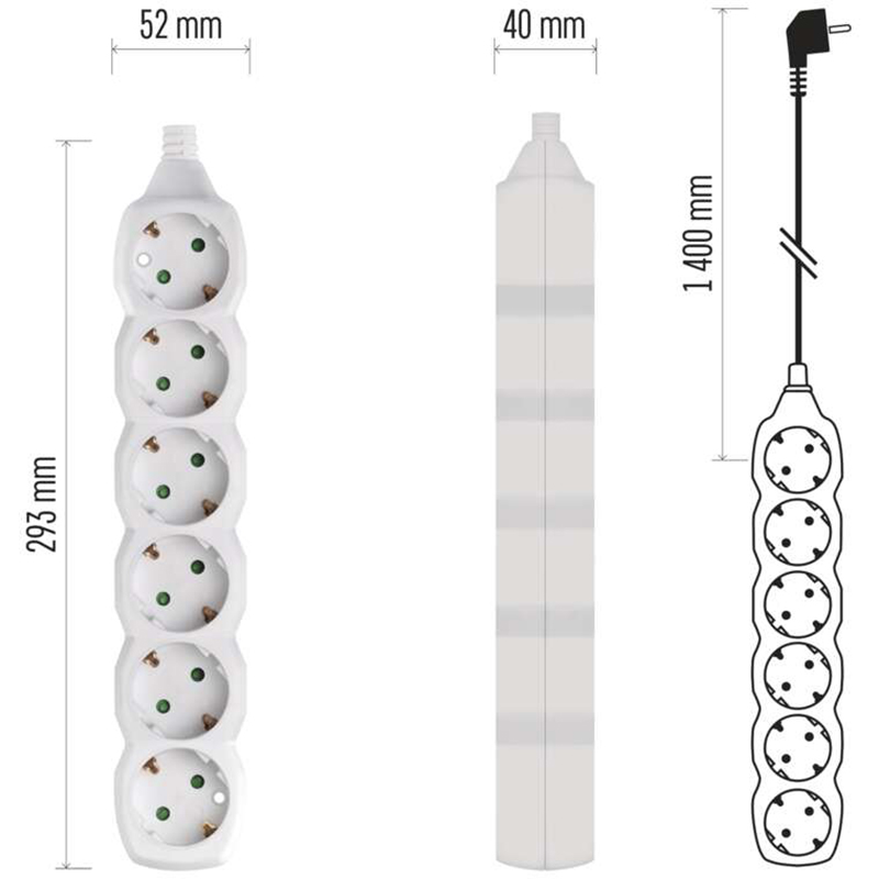 Удлинитель EMOS 6 розеток 1.4м 16A 3x1мм2 White (P0621) Тип вилки евровилка с заземлением (Тип F) 