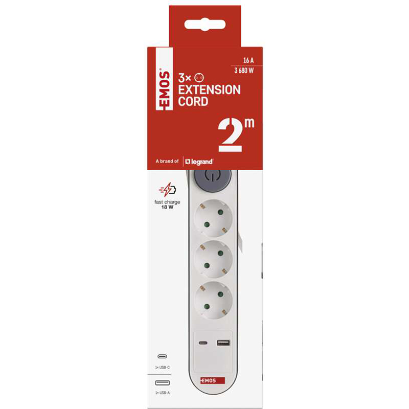 В Украине Удлинитель EMOS 3 розетки+2хUSB 2м 16A 3x1.5мм2 White (P1322PD)