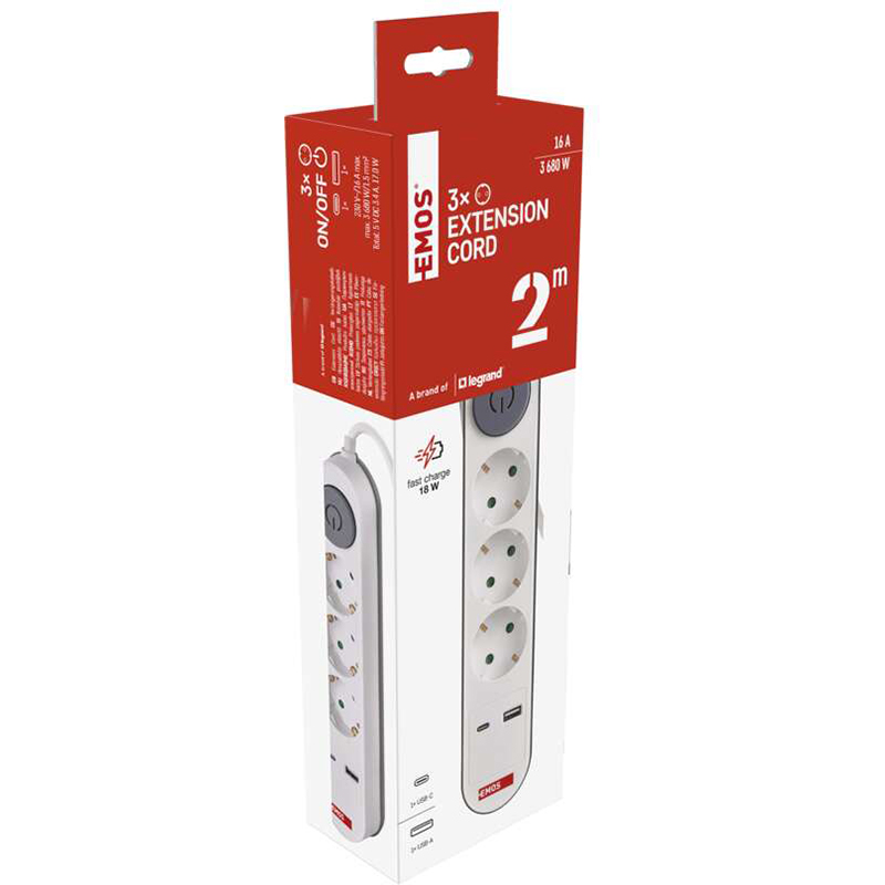 В Фокстрот Удлинитель EMOS 3 розетки+2хUSB 2м 16A 3x1.5мм2 White (P1322PD)