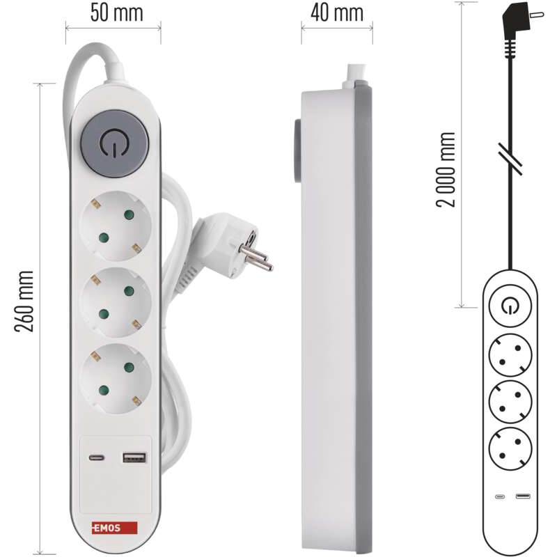 Изображение Удлинитель EMOS 3 розетки+2хUSB 2м 16A 3x1.5мм2 White (P1322PD)