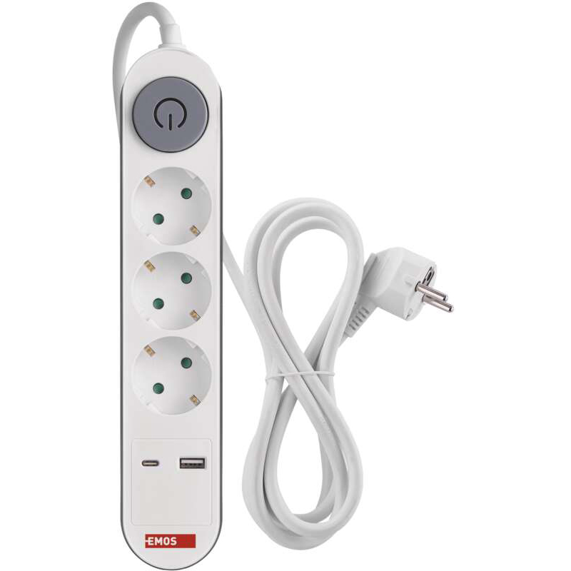 Подовжувач EMOS 3 розетки + 2xUSB 2м 16A 3x1.5мм2 White (P1322PD)