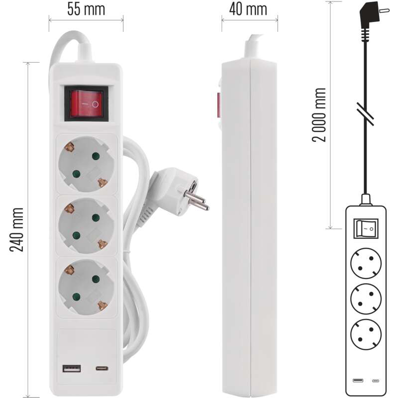 Фото Удлинитель EMOS 3 розетки + 2xUSB 2м 16A 3x1.5мм2 White (P1322CU)