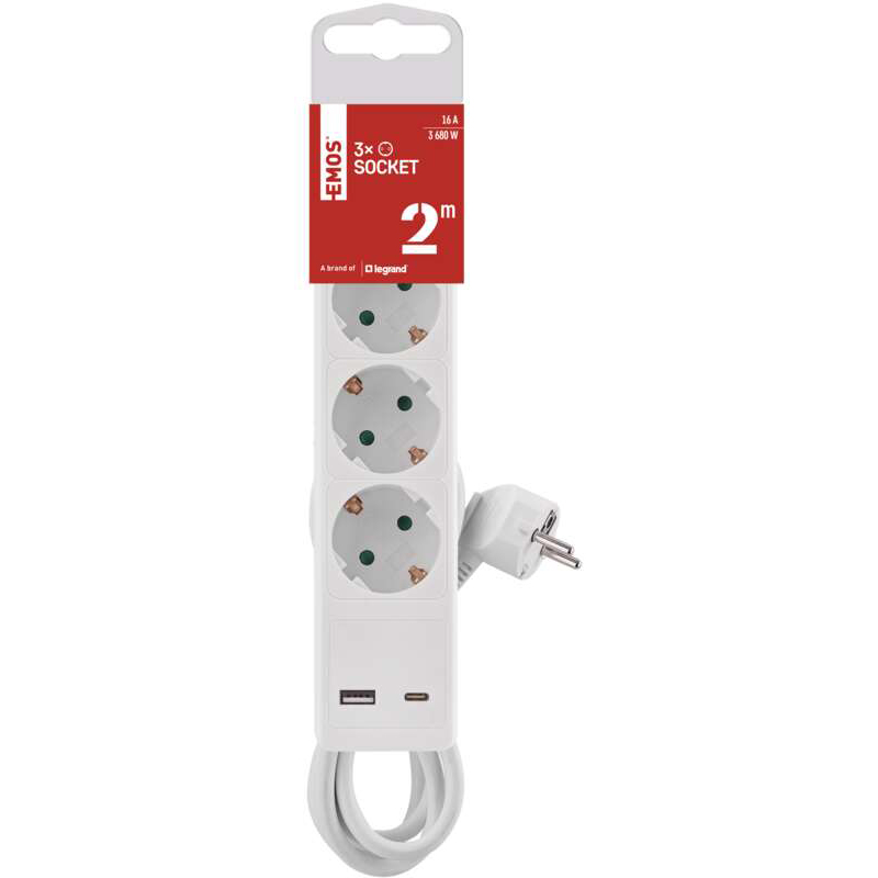 Заказать Удлинитель EMOS 3 розетки + 2xUSB 2м 16A 3x1.5мм2 White (P1322CU)