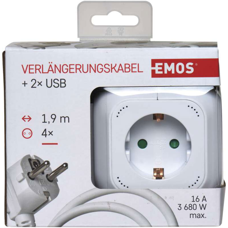 Фото Удлинитель EMOS 4 розетки + 2xUSB 1.9м 16A 3×1.5мм2 White (P04219GU)