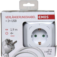 Удлинитель EMOS 4 розетки + 2xUSB 1.9м 16A 3×1.5мм2 White (P04219GU)