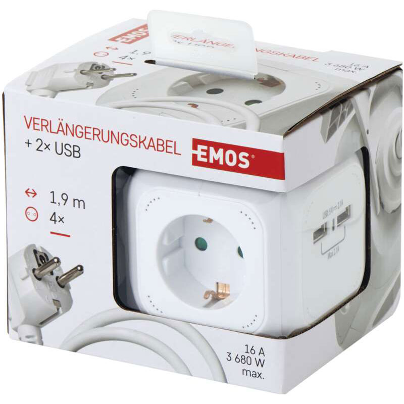 Заказать Удлинитель EMOS 4 розетки + 2xUSB 1.9м 16A 3×1.5мм2 White (P04219GU)