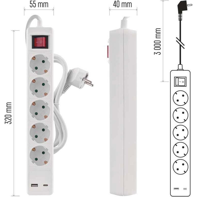 Фото Удлинитель EMOS 5 розеток + 2xUSB 3м 16A 3x1.5мм2 White (P1523CU)