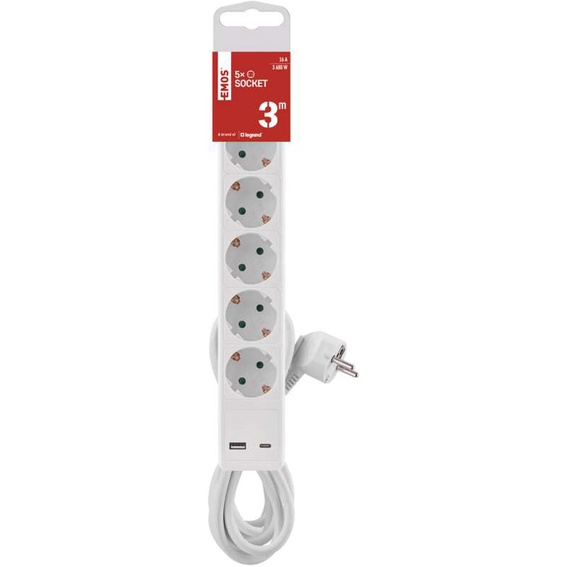 Замовити Подовжувач EMOS 5 розеток + 2xUSB 3м 16A 3x1.5мм2 White (P1523CU)