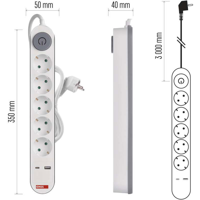 Огляд Подовжувач EMOS 5 розеток + 2xUSB 3м 16A 3x1.5мм2 White (P1523PD)