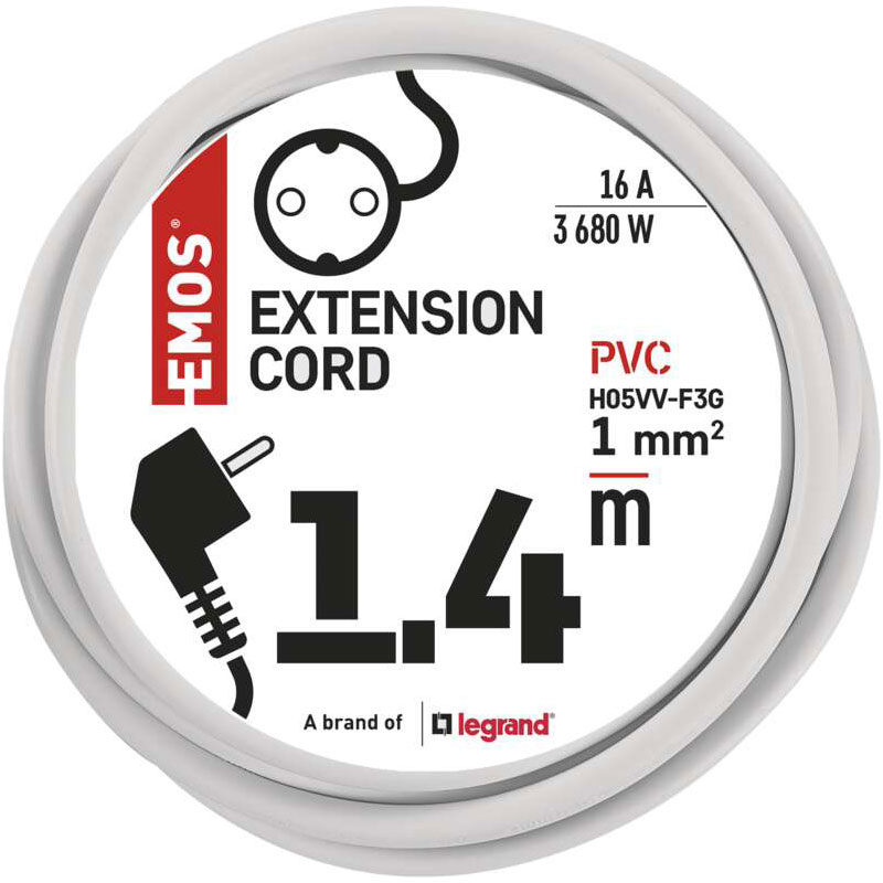 Подовжувач EMOS 1 розетка 1.4м 16A 3×1мм2 White (P0121) Тип вилки євровилка із заземленням (Тип F)