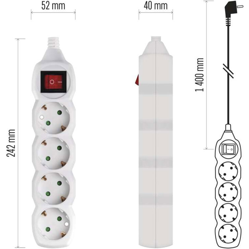 Удлинитель EMOS 4 розетки 1.4м 16A 3x1.0мм2 White (P1421) Тип вилки евровилка с заземлением (Тип F) 