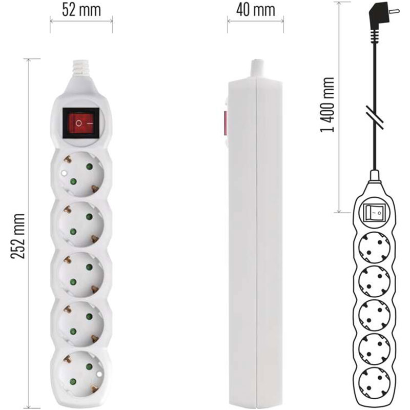 Удлинитель EMOS 5 розеток 1.4м 16A 3×1.5мм2 White (P1521) Тип розеток евророзетка с заземлением (Тип F)