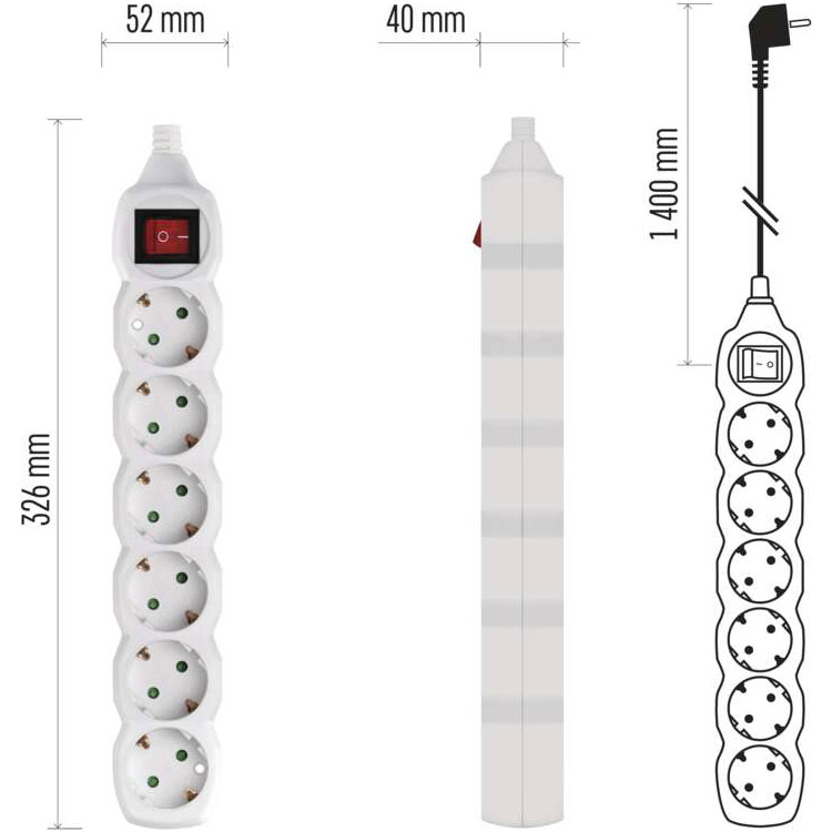 Зовнішній вигляд Подовжувач EMOS 6 розеток 1.4м 16A 3x1мм2 White (P1621)