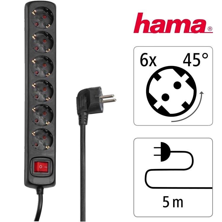 Подовжувач HAMA 6 розеток 5м 16A 3х1, 5мм2 Black (00137266) Тип подовжувач