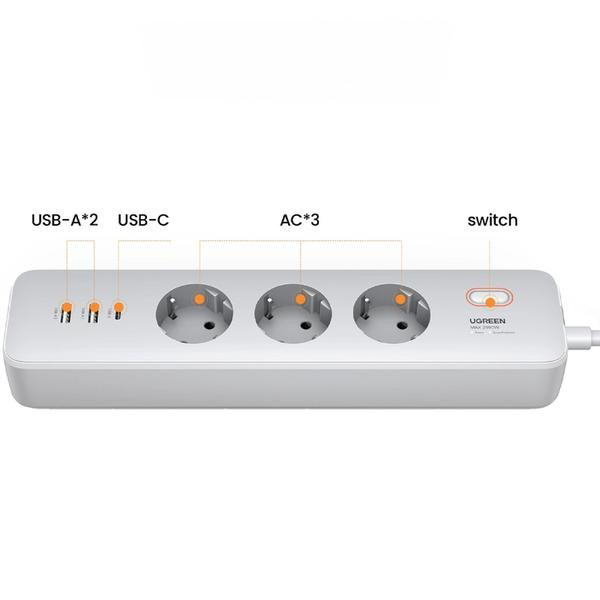 Сетевой фильтр UGREEN Power filtr 3 розетки 2 USB-A PD 2м White (25357) Тип сетевой фильтр