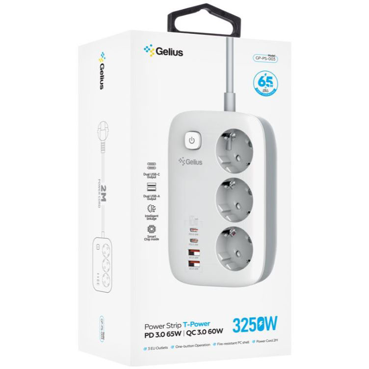 Сетевой фильтр GELIUS GP-PS-003 T-Power 3 розетки + 4 USB порта 13A 65W White Максимальная сила тока 13