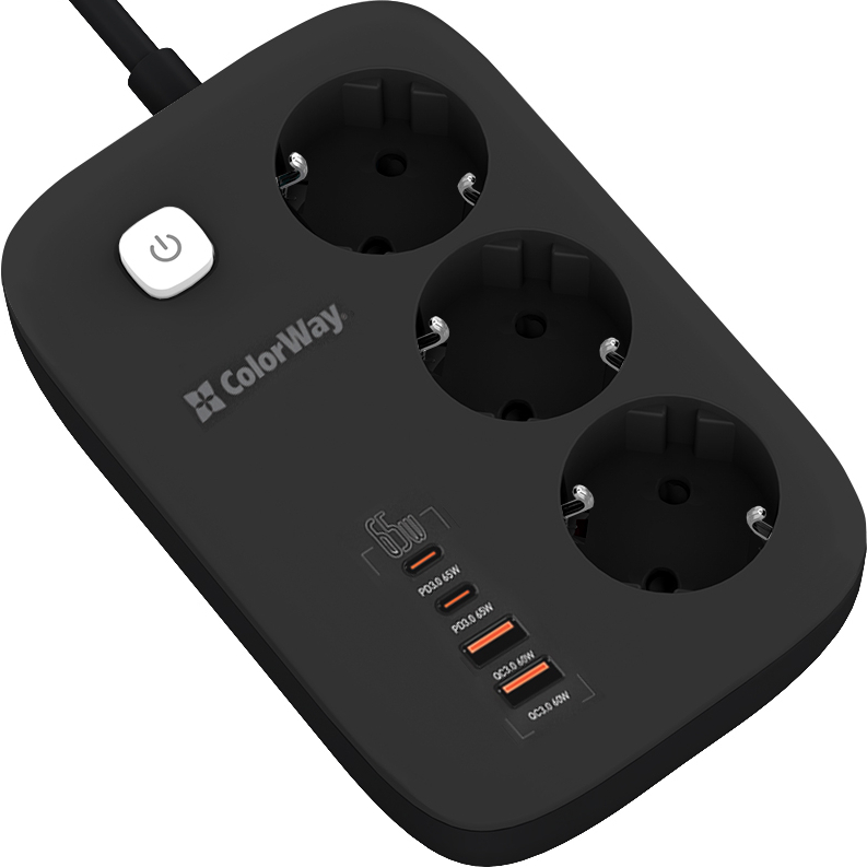 Зовнішній вигляд Мережевий фільтр COLORWAY 3 розетки 13А 2м Black (CW-CHE34PDB)