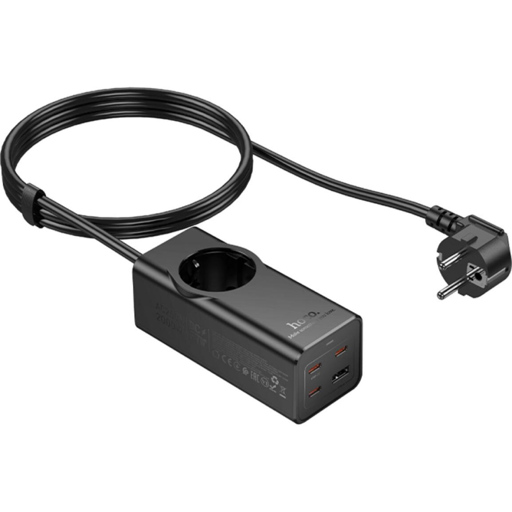 Внешний вид Сетевой фильтр HOCO NS9 PD67W/3C1A EU/GER 1 розетка 2 м Black (6942007638494)