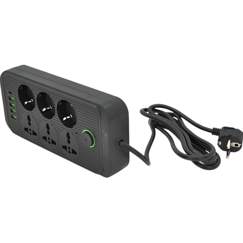 Мережевий фільтр VOLTRONIC F07U 6 розеток + 4 USB + PD 2 м 10 A 3х0.75 мм Black (F07U-Black) Тип мережевий фільтр