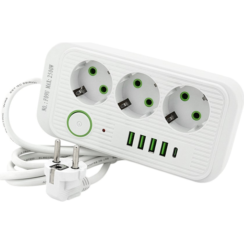 Мережевий фільтр VOLTRONIC F09U 3 розетки + 4 USB + PD 2 м 10 А 3х0.75 мм White (F09U-White) Мережевий фільтр VOLTRONIC F09U 3 розетки + 4 USB + PD 2 м 10 А 3х0.75 мм White (F09U-White)