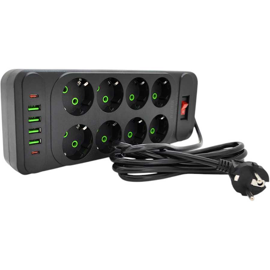 Мережевий фільтр VOLTRONIC F34U 8 розеток + 4 USB + 2 PD 2м 10A 3х0.75мм Black (F34U-Black) Тип мережевий фільтр