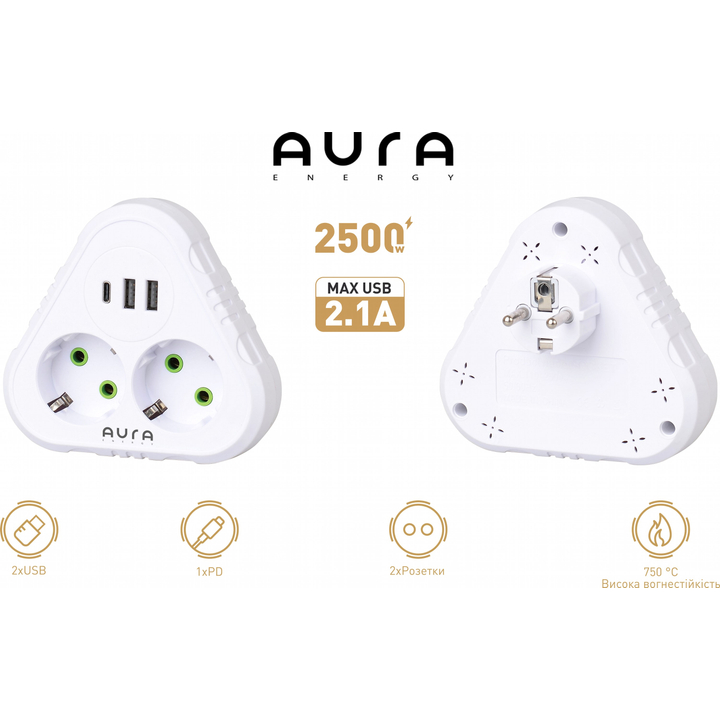 Фільтр мережі AURA Energy 2+3 USB-A + USB-C (PD) White (AUEMFP23PDW) Тип розеток євророзетка із заземленням (Тип F)
