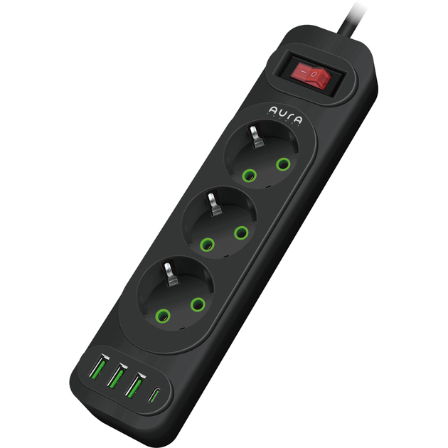 Сетевой фильтр AURA Energy 3+3 USB-A + USB-C (PD) 2 м Black (AUEMFP33PD2MB) Тип сетевой фильтр