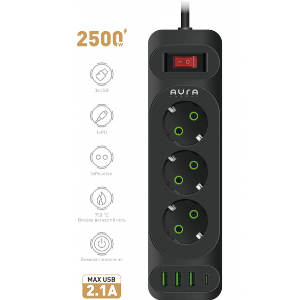 Сетевой фильтр AURA Energy 3+3 USB-A + USB-C (PD) 2 м Black (AUEMFP33PD2MB) Тип розеток евророзетка с заземлением (Тип F)