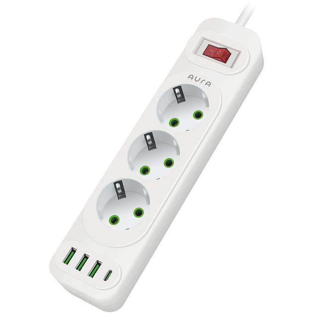 Сетевой фильтр AURA Energy 3+3 USB-A + USB-C (PD) 2M White (AUEMFP33PD2MW) Тип сетевой фильтр