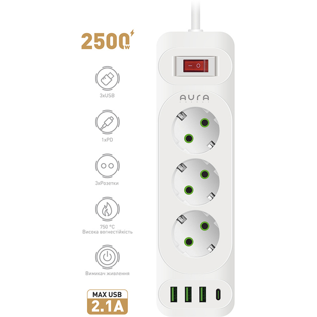 Сетевой фильтр AURA Energy 3+3 USB-A + USB-C (PD) 2M White (AUEMFP33PD2MW) Тип розеток евророзетка с заземлением (Тип F)