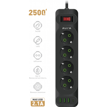 Сетевой фильтр AURA Energy 4+3 USB-A + USB-C (PD) 2 м Black (AUEMFP43PD2MB)
