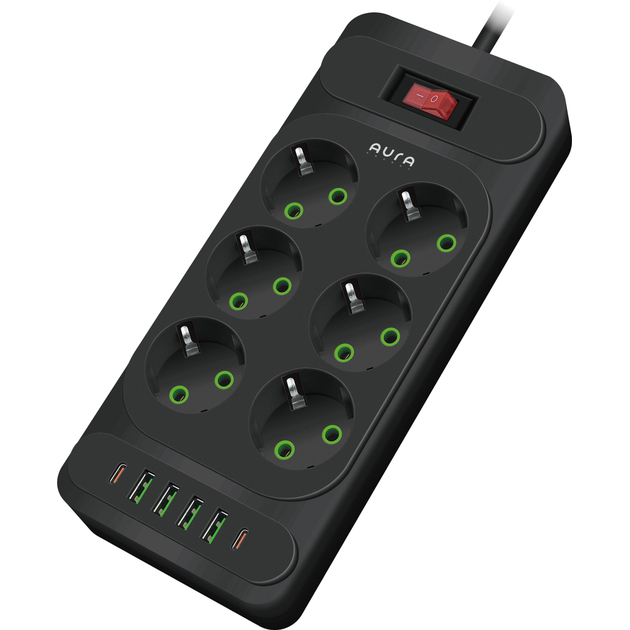 Сетевой фильтр AURA Energy 6+4 USB-A + 2 USB-C (PD) 2 м Black (AUEMFP64PD2MB) Тип сетевой фильтр
