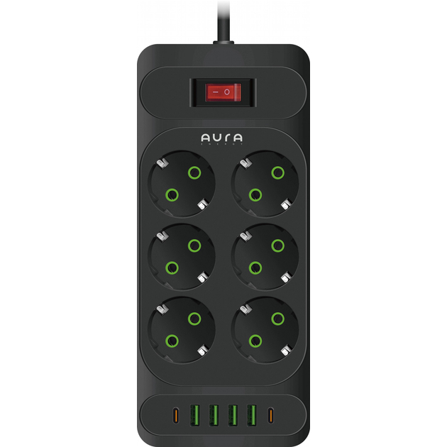 Сетевой фильтр AURA Energy 6+4 USB-A + 2 USB-C (PD) 2 м Black (AUEMFP64PD2MB) Сетевой фильтр AURA Energy 6+4 USB-A + 2 USB-C (PD) 2 м Black (AUEMFP64PD2MB)
