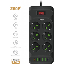 Сетевой фильтр AURA Energy 6+4 USB-A + 2 USB-C (PD) 2 м Black (AUEMFP64PD2MB)