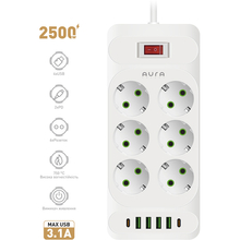 Сетевой фильтр AURA Energy 6+4 USB-A + 2 USB-C (PD) 2 м White (AUEMFP64PD2MW)