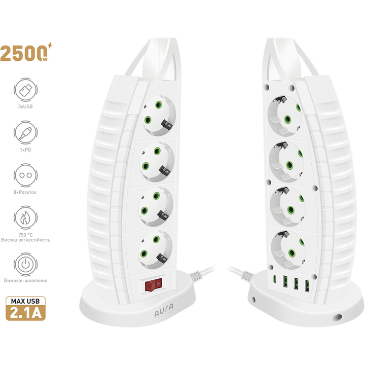 Фільтр мережі AURA Energy 8+3 USB-A + USB-C (PD) 2 м White (AUEMFP83PD2MW) Тип розеток євророзетка із заземленням (Тип F)
