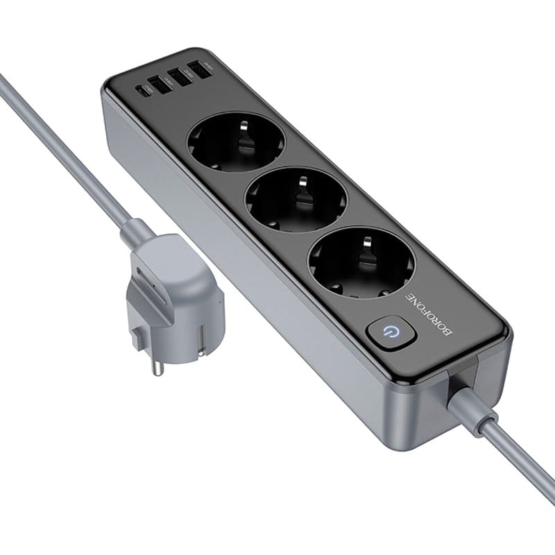 Зовнішній вигляд Мережевий фільтр BOROFONE BAC8 Power 3 розетки 3м 10А EU/GER Black (6941991116643)