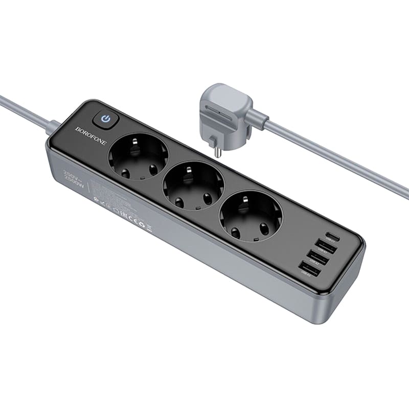 Мережевий фільтр BOROFONE BAC8 Power 3 розетки 3м 10А EU/GER Black (6941991116643) Тип вилки євровилка із заземленням (Тип F)