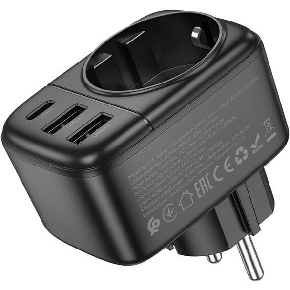Перехідник BOROFONE BAC14 Wide 3xUSB 1 Black (6941991118890) Тип розеток євророзетка із заземленням (Тип F)