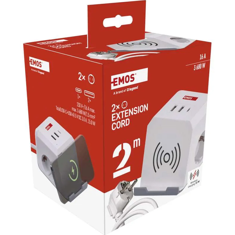 Покупка Удлинитель EMOS P0222CQ 2 м 2 розетки 2xUSB-A 1 x USB-C+Qi White