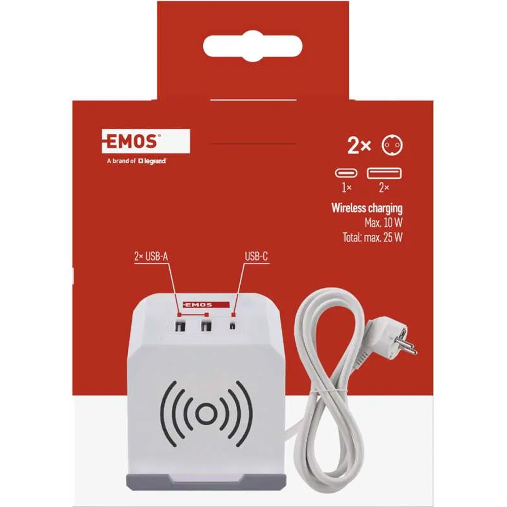 Фото Удлинитель EMOS P0222CQ 2 м 2 розетки 2xUSB-A 1 x USB-C+Qi White