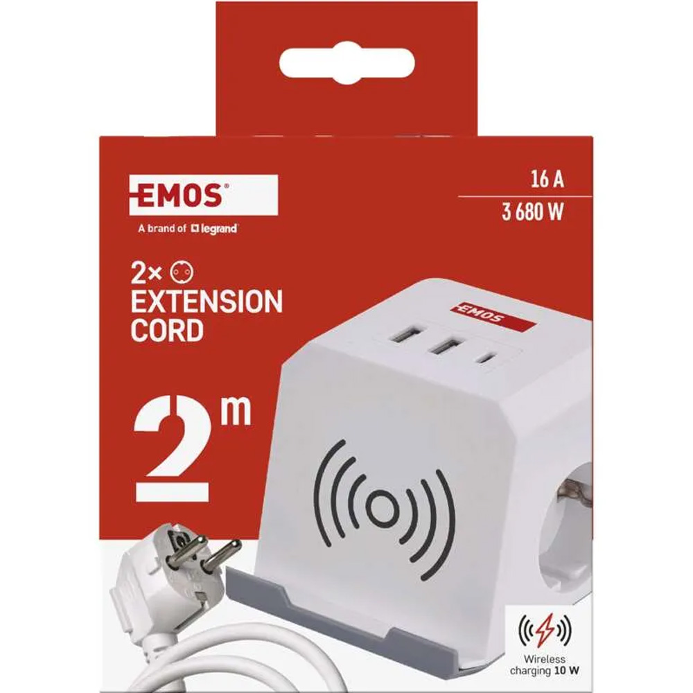 Внешний вид Удлинитель EMOS P0222CQ 2 м 2 розетки 2xUSB-A 1 x USB-C+Qi White