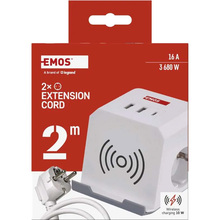 Удлинитель EMOS P0222CQ 2 м 2 розетки 2xUSB-A 1 x USB-C+Qi White