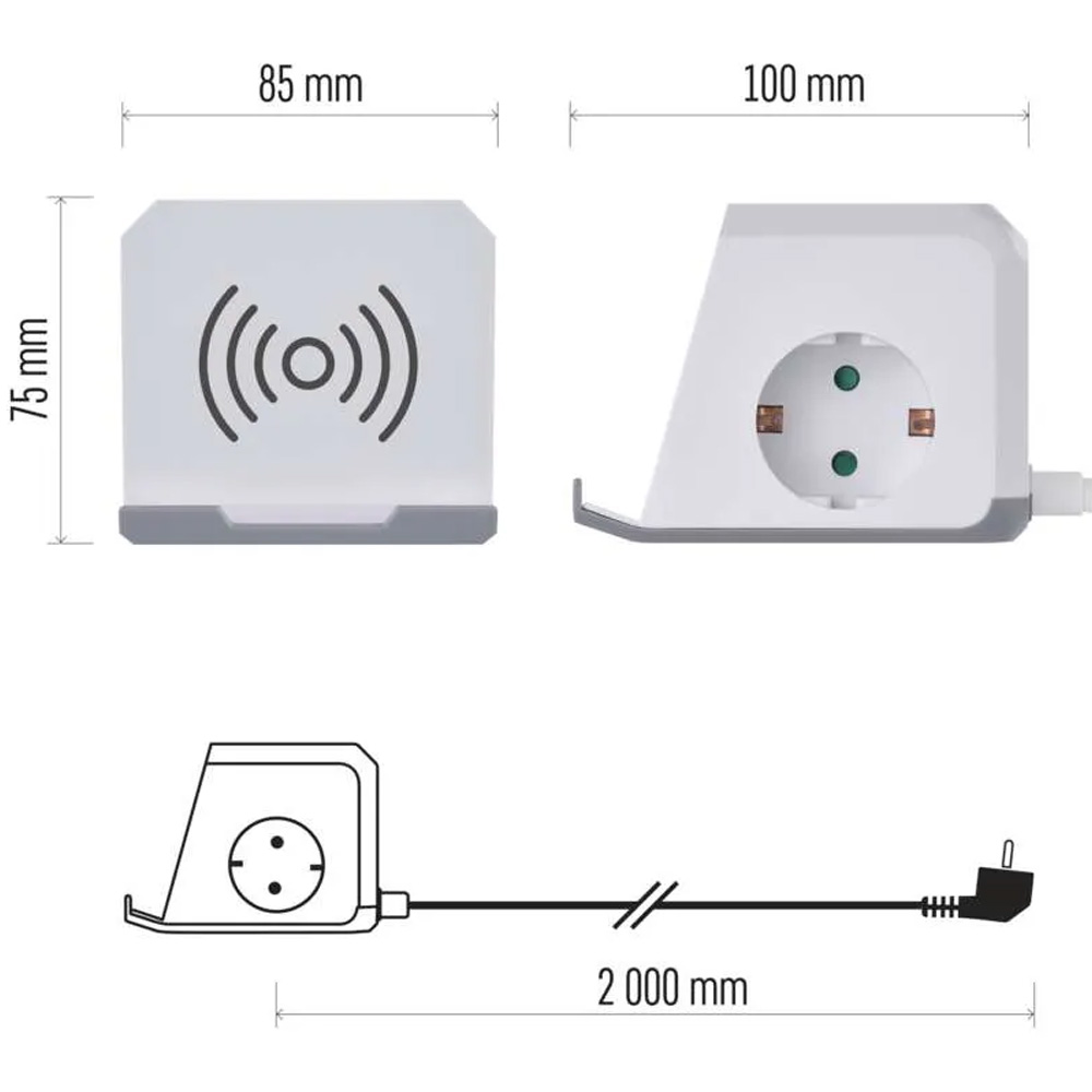 В Фокстрот Удлинитель EMOS P0222CQ 2 м 2 розетки 2xUSB-A 1 x USB-C+Qi White