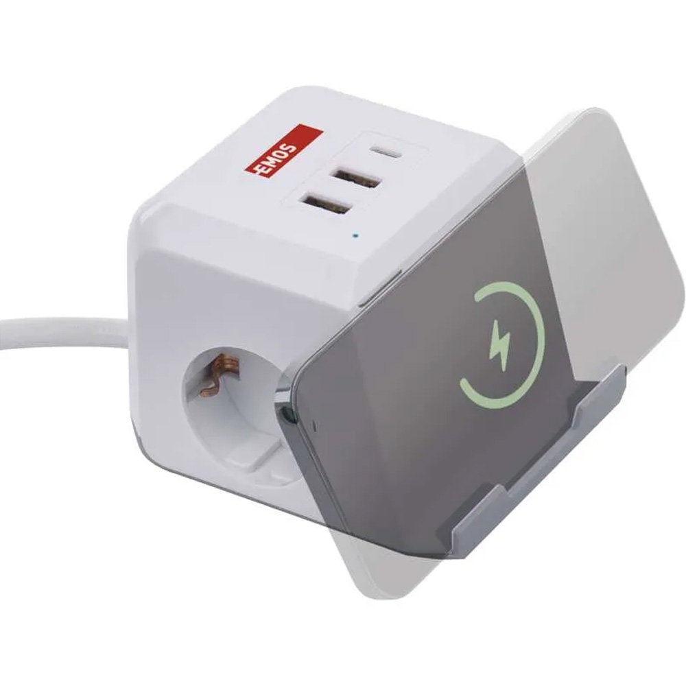 Изображение Удлинитель EMOS P0222CQ 2 м 2 розетки 2xUSB-A 1 x USB-C+Qi White